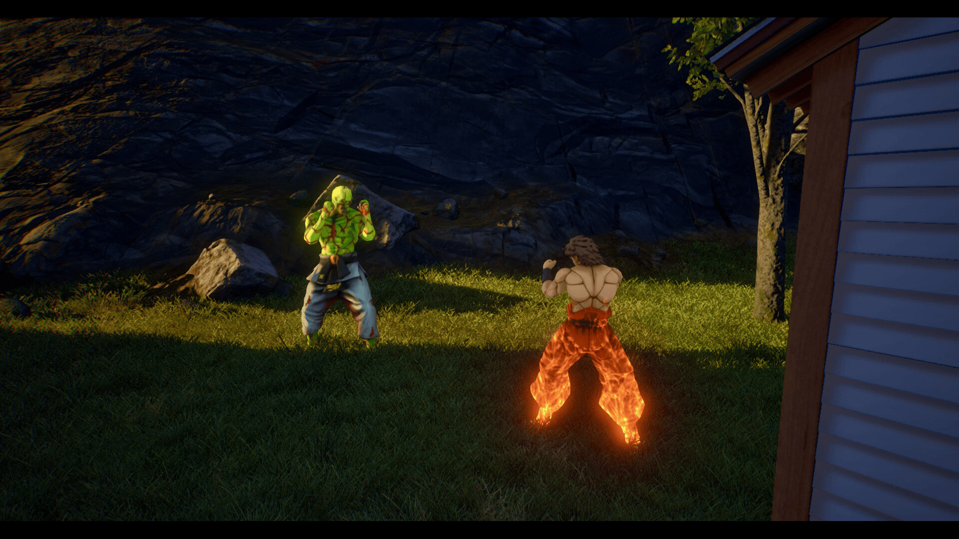 A fighter surrounded by fiery energy outside a dojo